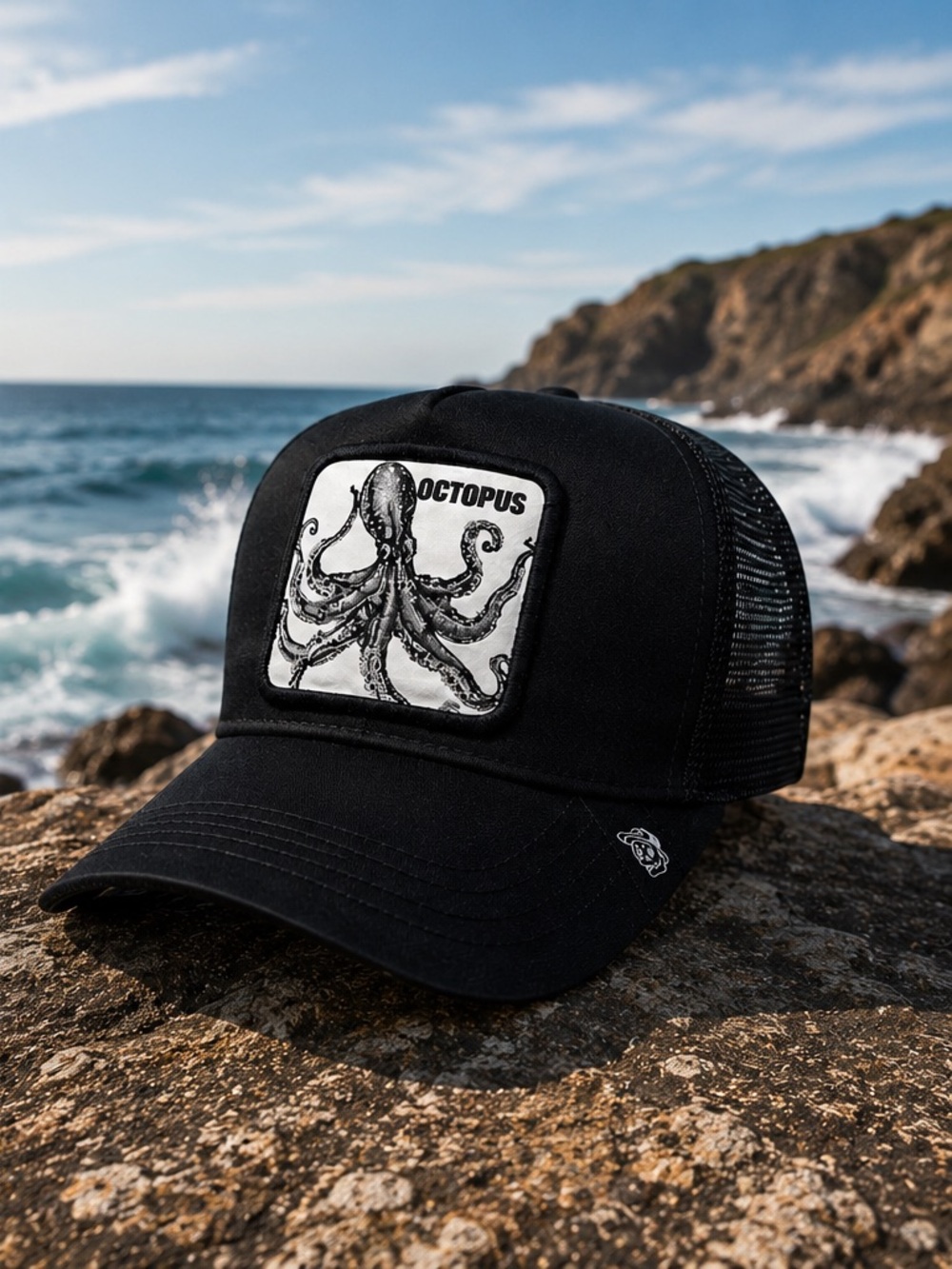 Black Trucker Hat with Octopus Patch